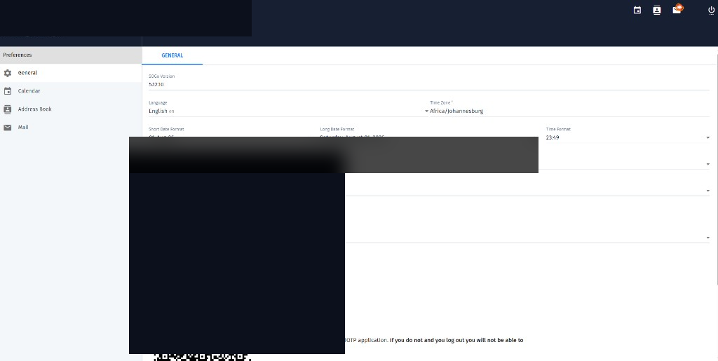 0724 Mail general preferences with two-factor authentication section (QR code redacted)